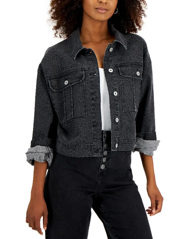 INC International Concepts Womens Printed Denim Tucker Jacket Tiered Jacket Buttoned Jacket Zippered Jacket