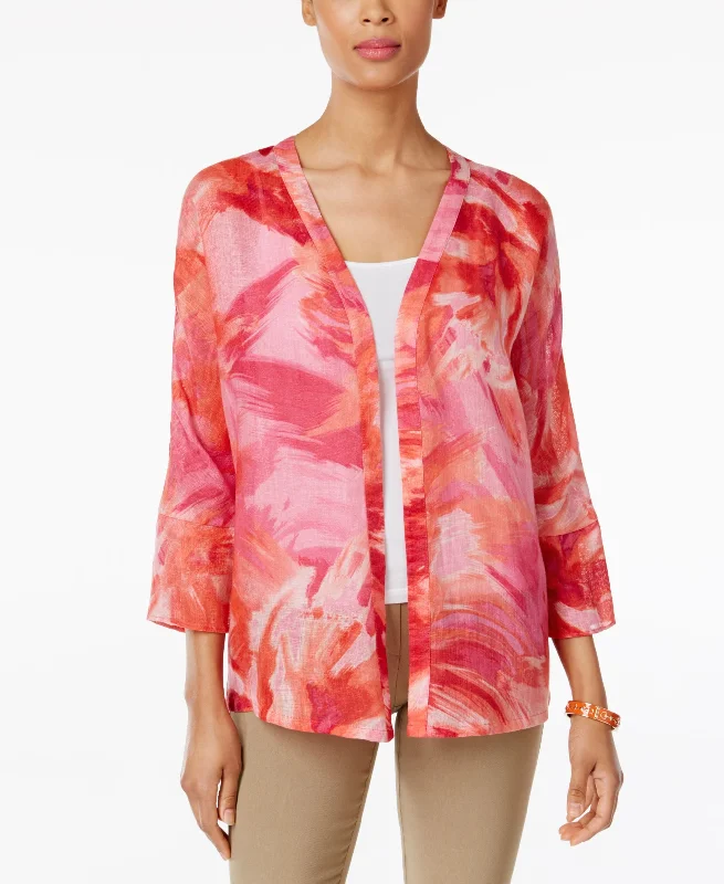 JM Collection Linen Open Front Jacket Front Pockets Side Pockets Patch Pockets