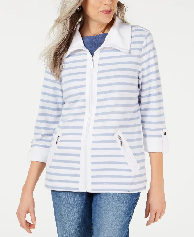 Karen Scott Zip Front Casual Knit Jacket One-Shoulder Jacket Off-the-Shoulder Jacket Asymmetrical Jacket