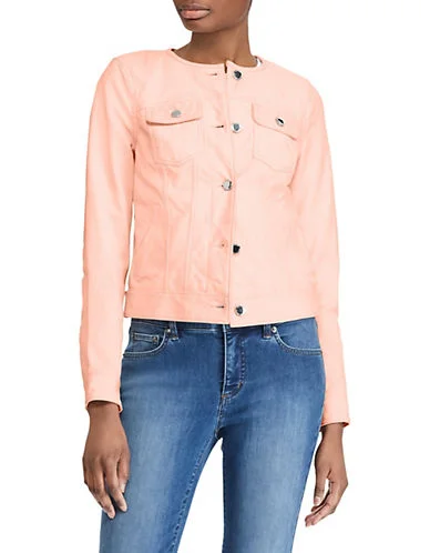 Lauren Ralph Lauren Leather Trucker Jacket Zip Front Button Front Snap Front