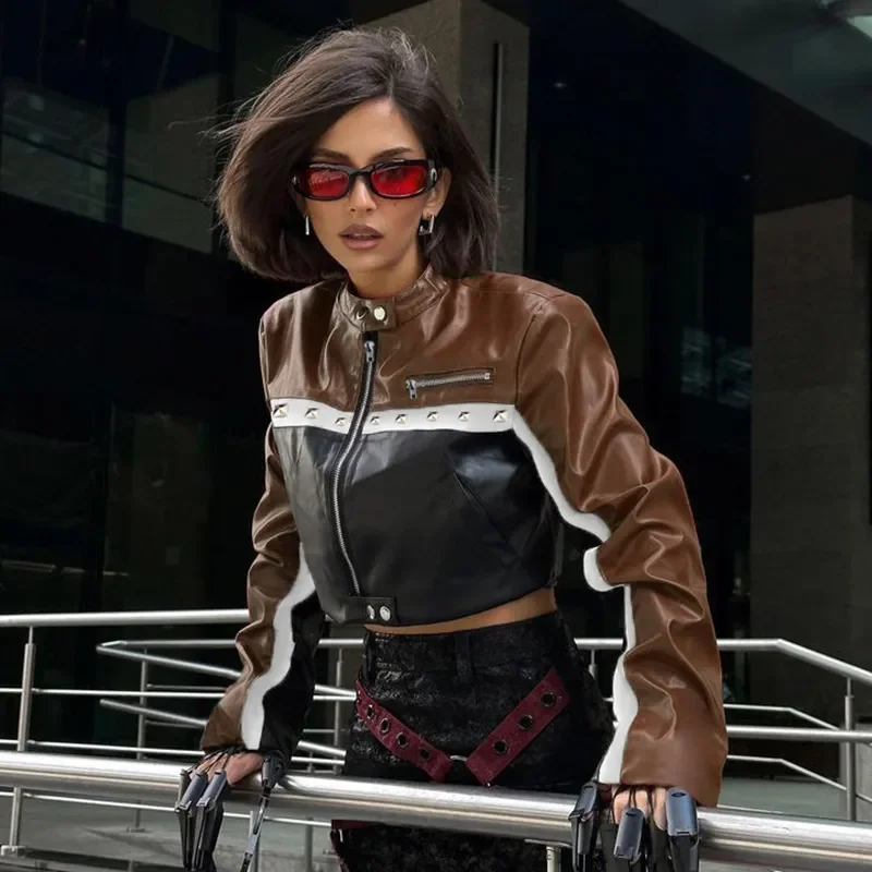 Motorcycle Style Street Women Fashion Rivet Color-Block PU Jacket Herringbone Jacket Checkered Jacket Solid Jacket