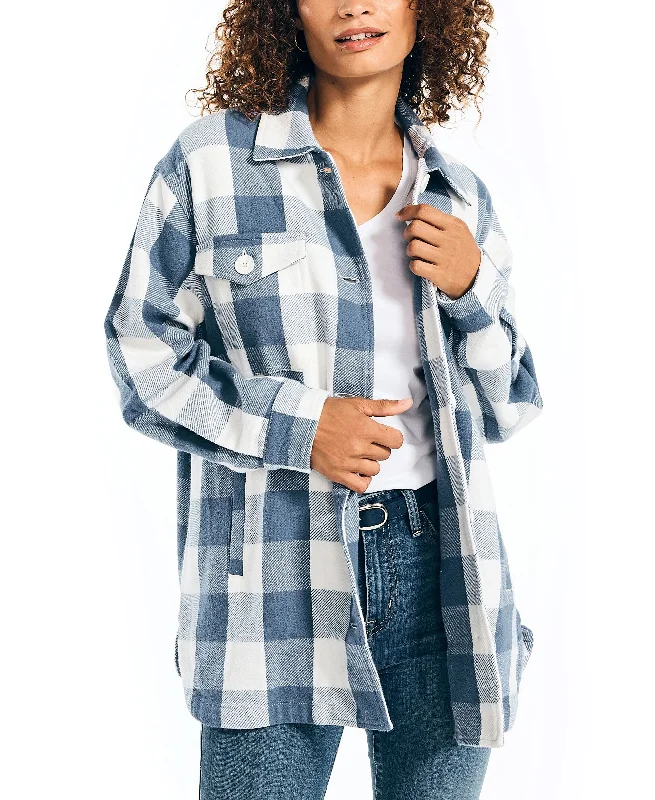 Nautica Womens Buffalo Plaid Shirt Jacket Satin Jacket Silk Jacket Chiffon Jacket