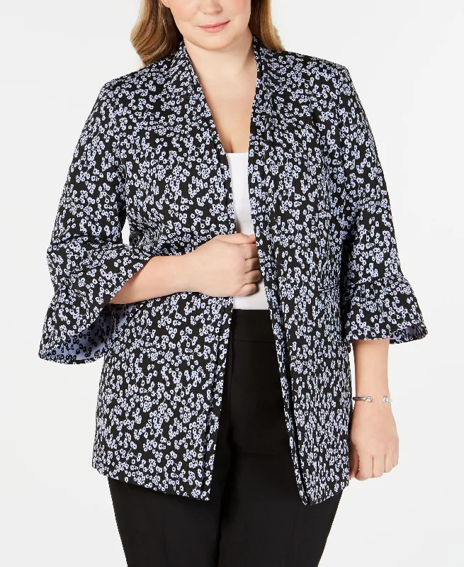 Nine West Plus Size Floral Print Bell Sleeve Jacket Snapped Jacket Toggled Jacket Drawstring Jacket