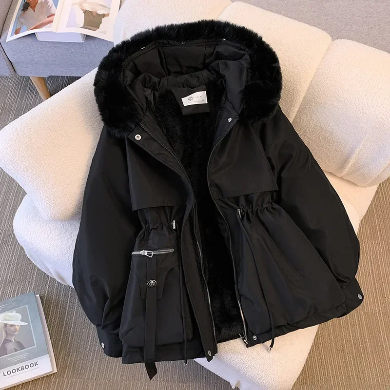 Parker Women Winter Down Cotton-Padded Jacket Fashion Fleece-Lined Thick Fur Collar Hooded One-Piece Coat Ribbed Jacket Pleated Jacket Ruffled Jacket