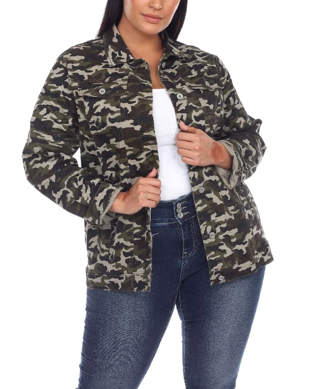 Plus Size Camouflage Denim Jacket Notch Collar Peter Pan Collar Cowl Neck