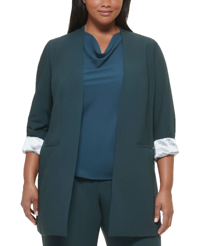 Plus Size Collarless Open-Front Topper Jacket Knit Fabric Woven Fabric Fleece Fabric