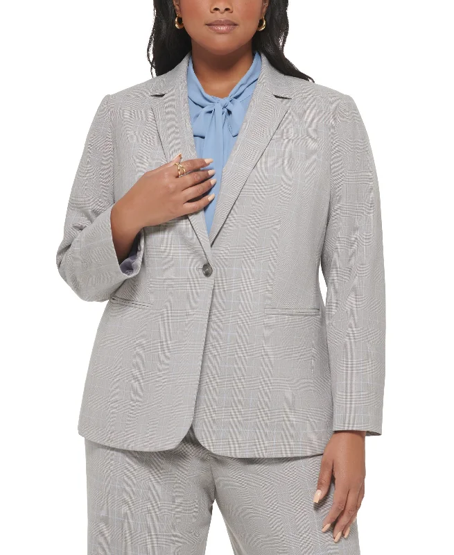 Plus Size Plaid One-Button Long-Sleeve Jacket Jersey Jacket Tulle Jacket Batik Jacket