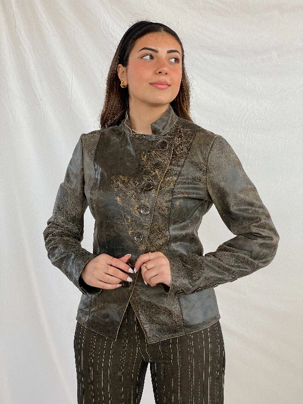 Statement Distressed Genuine Leather Jacket Fleece Fabric Down Fabric Feather Fabric