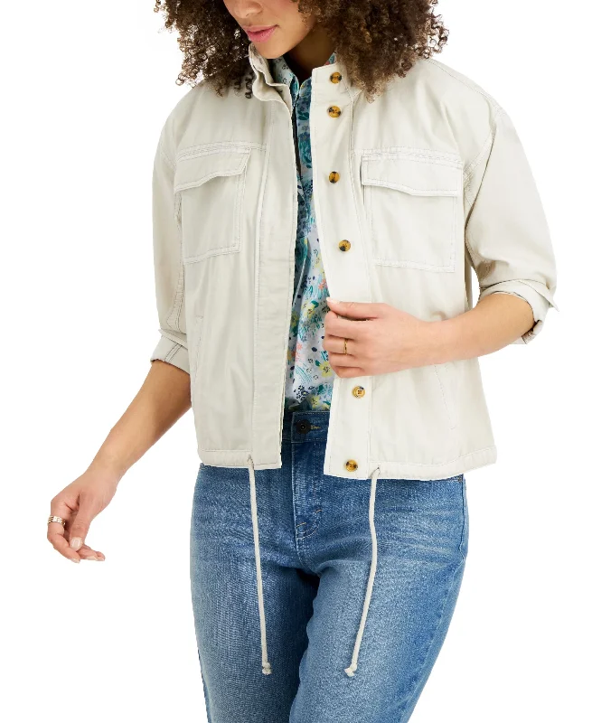 Style & Co Womens Cinch Hem Utility Jacket Faux Fur Fabric Real Fur Fabric Shearling Fabric