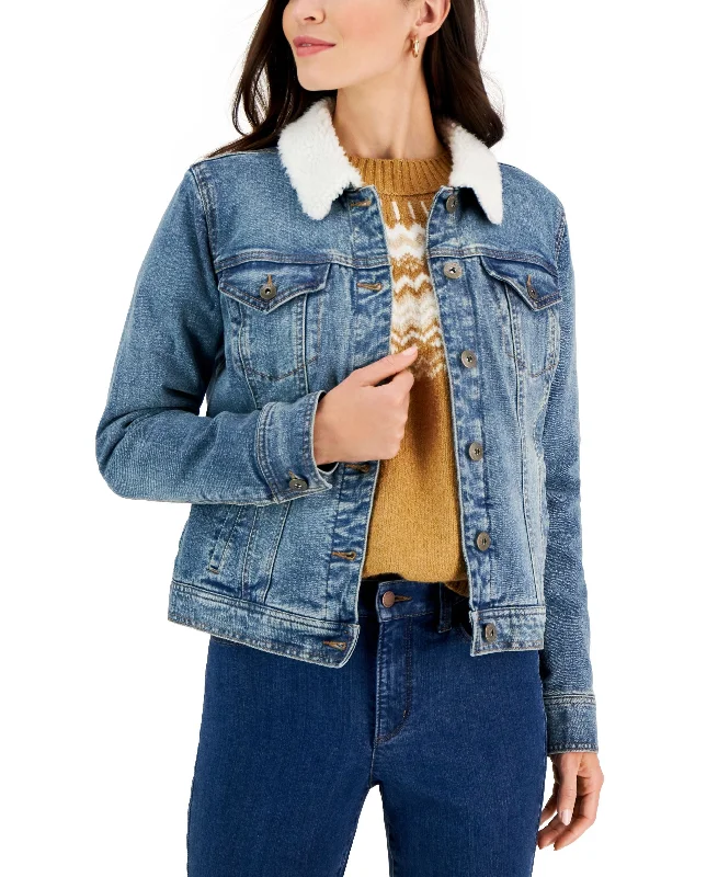 Style & Co Womens Sherpa Collar Jean Jacket Cardigan Sweater Pullover