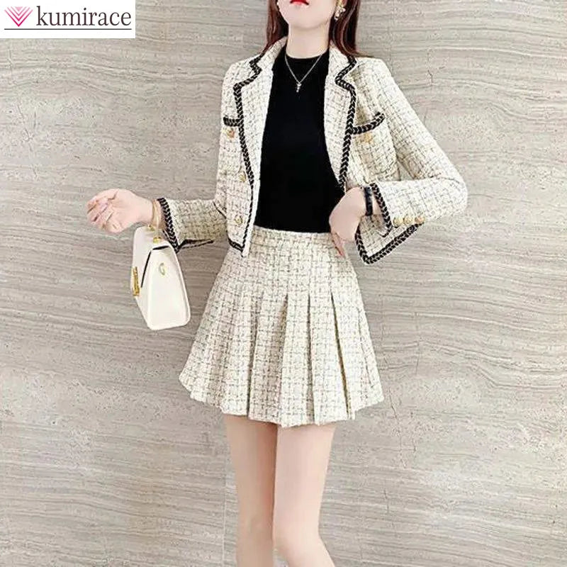 Summer new elegant Korean pop lapel leisure suit jacket skirt pleated skirt suit women squares two-piece casual clothes Anorak Shell Jacket Lightweight Jacket Summer new elegant Korean pop lapel leisure suit jacket skirt pleated skirt suit women squares two-piece casual clothes Anorak Shell Jacket Lightweight Jacket
