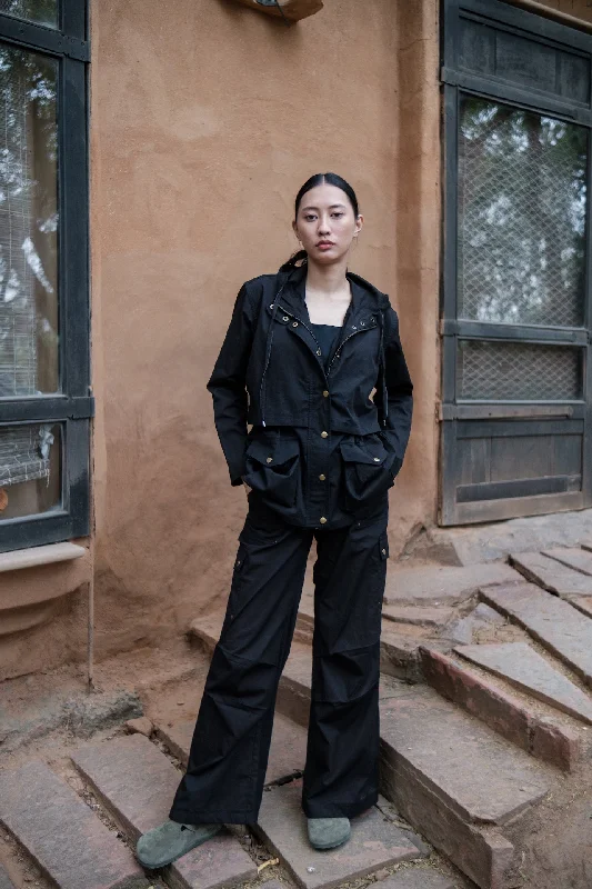 The Terra Tribe Black Kyoto Utility Jacket Wool Fabric Cashmere Fabric Tweed Fabric