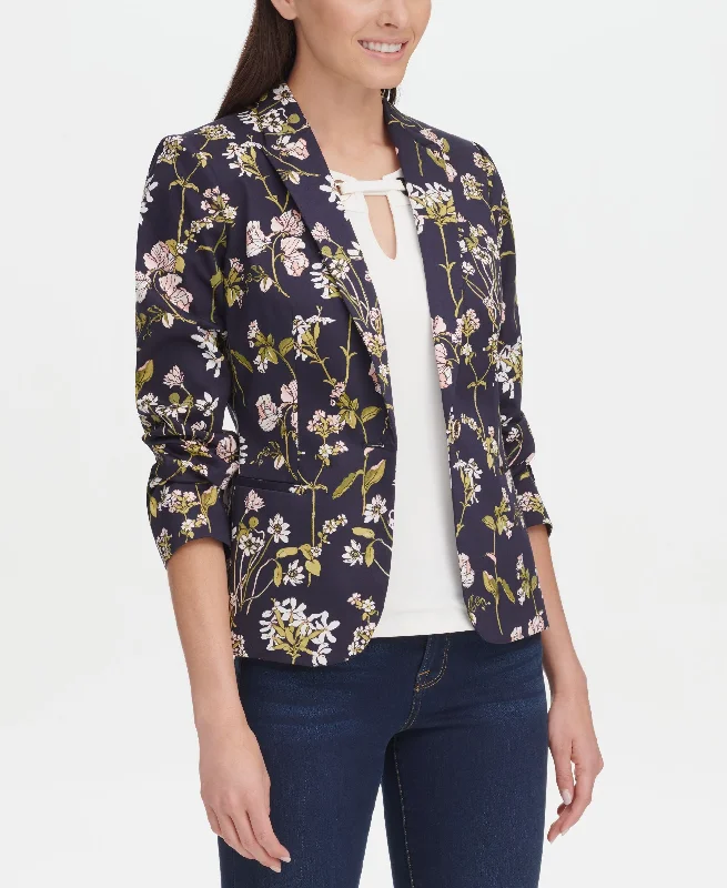 Tommy Hilfiger Floral Print One Button Jacket A-Line Jacket Boat Neck Shawl Collar