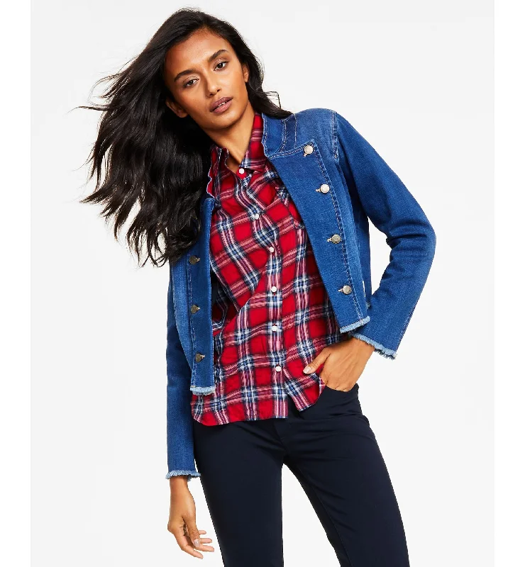 Tommy Hilfiger Womens Frayed Edge Denim Jacket Front Pockets Side Pockets Patch Pockets