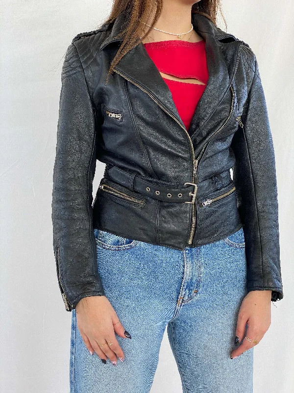 Vintage Heavy Genuine Leather Bikers Jacket Welt Pockets Slit Pockets Flap Pockets