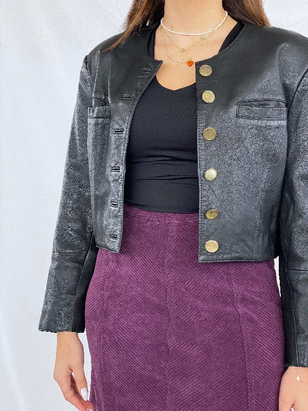 Vintage Gold Buttoned Cropped Genuine Leather Jacket Chenille Fabric Brocade Fabric Lace Fabric