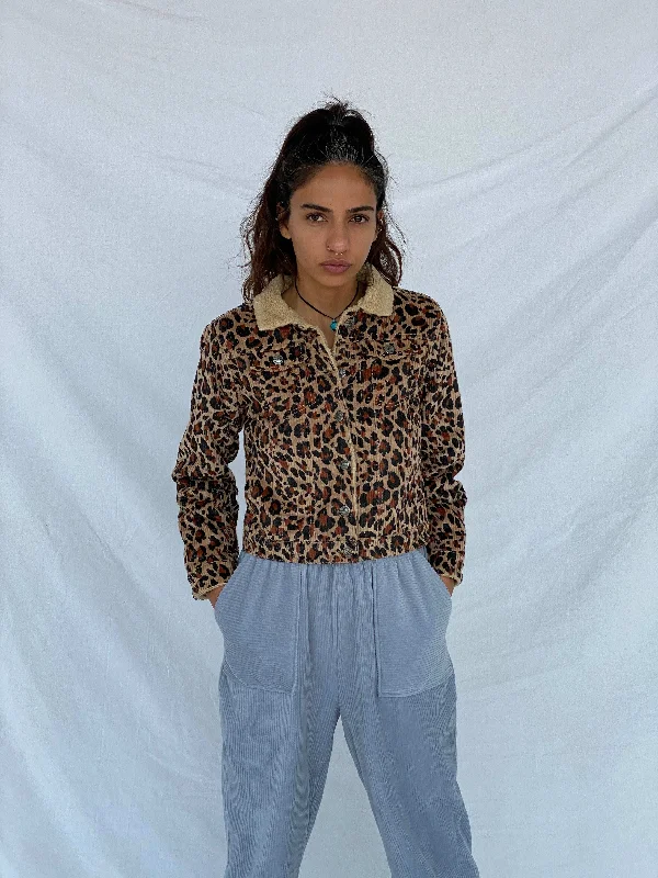 Vintage Persival Leopard Print Corduroy Jacket - Size XS Snapped Jacket Toggled Jacket Drawstring Jacket