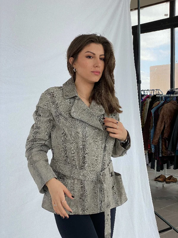 Vintage Snake Print Genuine Leather Biker Jacket Size XL Stand-Up Collar Roll-Neck Collar Turtle Neck