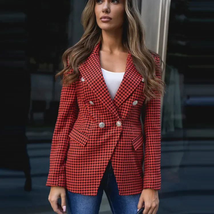 Women Fashion Double-Breasted Houndstooth Blazer Jacket Print Jacket Jacquard Jacket Patchwork Jacket