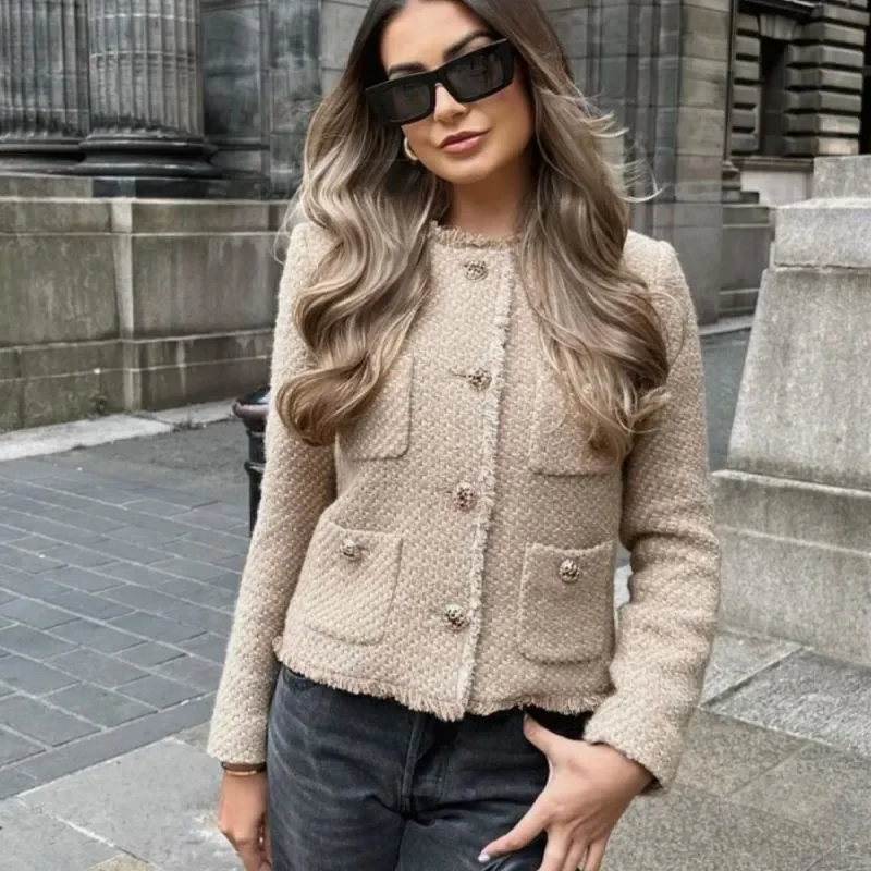 Women Fashion Metal Button Single-Breasted Long Sleeve Jacket Hoodie Zip-Up Jacket Button-Up Jacket