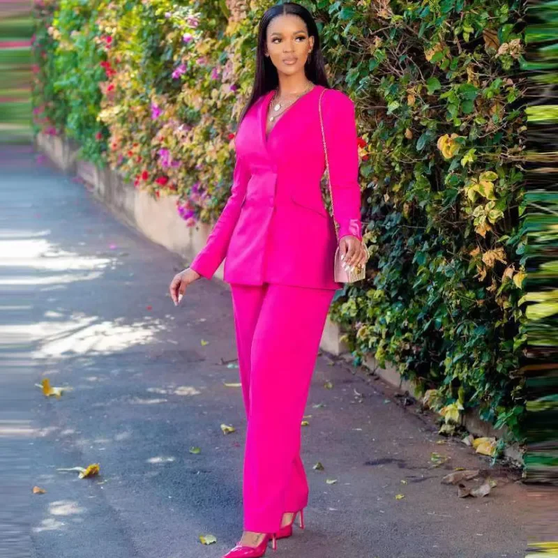 Women Fashion Solid Color V-Neck Long Sleeve Blazer Jacket Wide Leg Pants Two-Piece Set Nylon Fabric Polyester Fabric Spandex Fabric