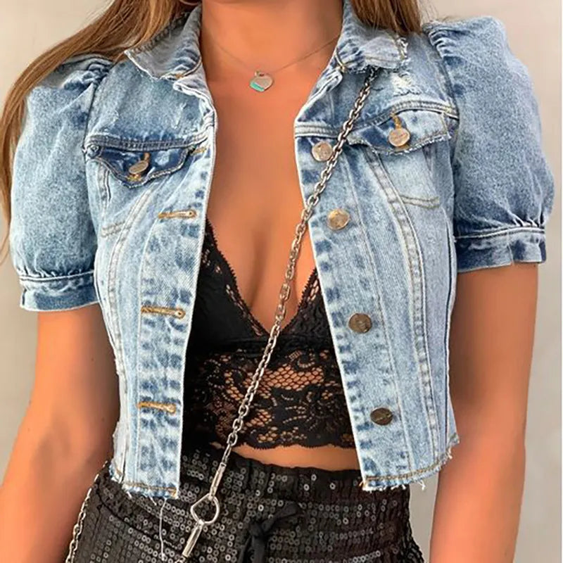 Women Fashion Vintage Frayed Denim Short Sleeve Single-Breasted Jacket Ribbed Jacket Pleated Jacket Ruffled Jacket