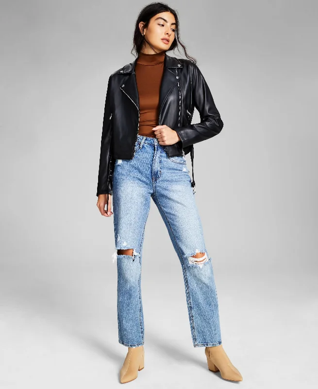 Women's Belted Faux-Leather Moto Jacket Mesh Jacket Canvas Jacket Denim Jacket