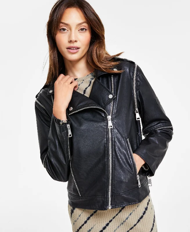 Women's Faux-Leather Zip-Detail Moto Jacket Hoodie Zip-Up Jacket Button-Up Jacket