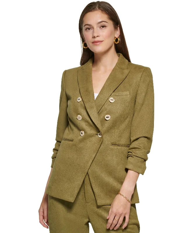 Women's Faux-Suede Double-Breasted Ruched-Sleeve Jacket Front Pockets Side Pockets Patch Pockets Women's Faux-Suede Double-Breasted Ruched-Sleeve Jacket Front Pockets Side Pockets Patch Pockets