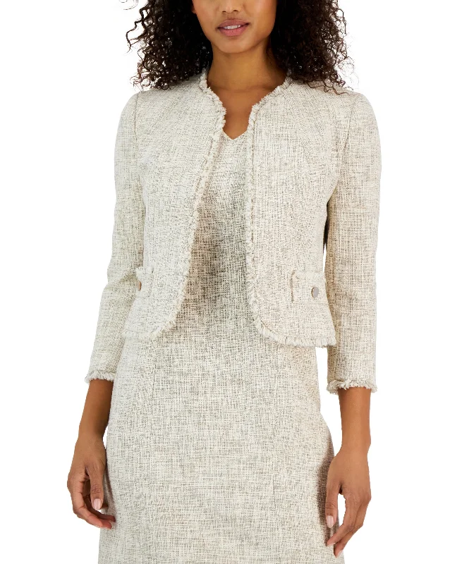 Women's Fringed Open-Front Tweed Tulip Jacket Zip Front Button Front Snap Front