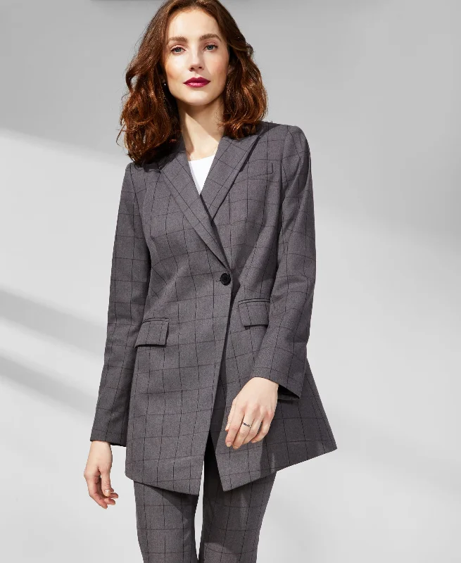 Women's One Button Windowpane Jacket Mesh Jacket Canvas Jacket Denim Jacket