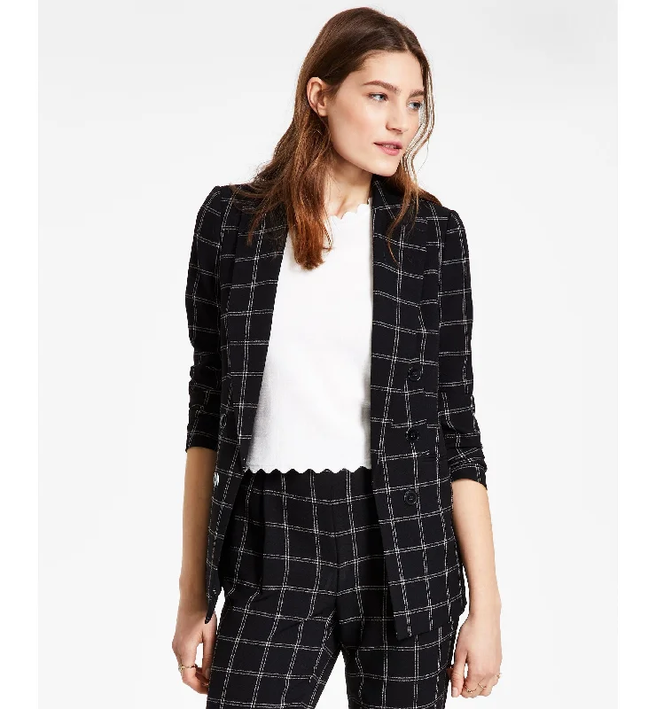 Women's Windowpane Print Open Front Jacket Cotton Jacket Linen Jacket Terry Jacket