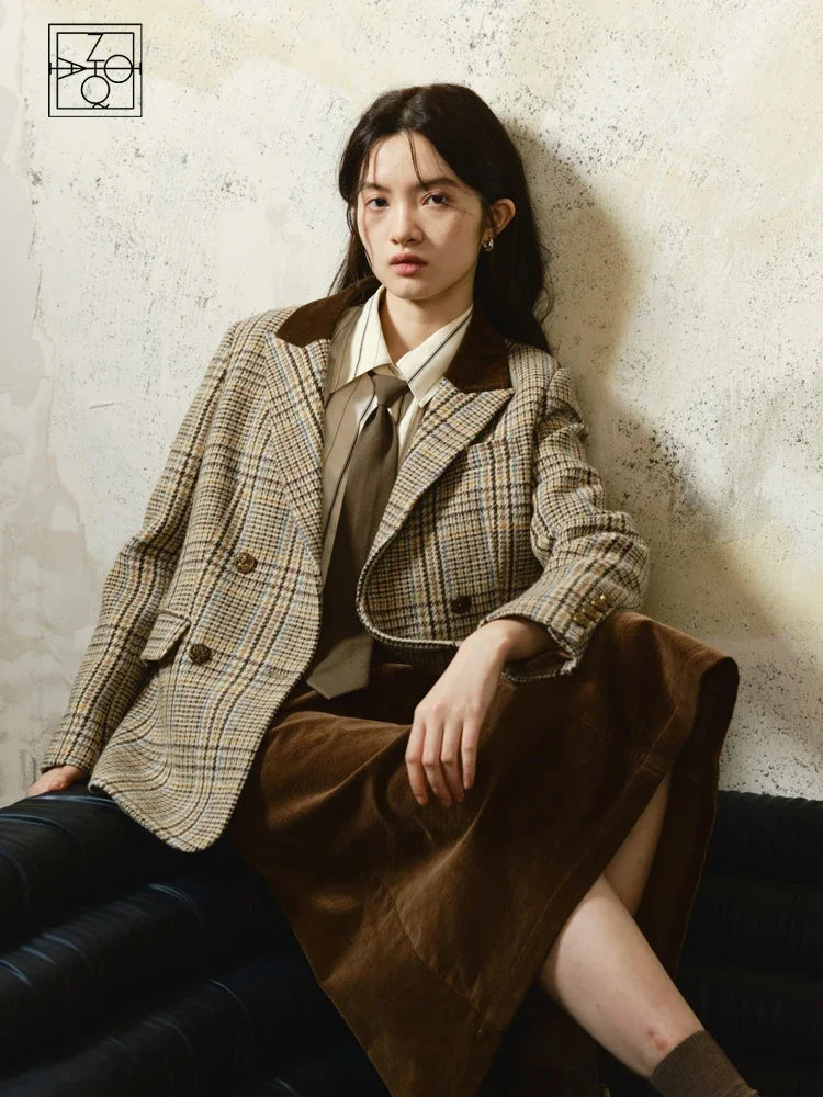 ZIQIAO 100% Wool Brown Retro Woolen Suit Jacket For Women's 2023 Winter New Plaid Short Jacket Solid Women Jackets Casual Jacket Blazer Coat