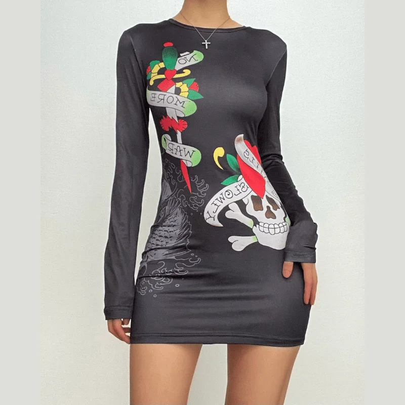 Abstract contrast long sleeve crewneck mini dress Stylish Button-Down Mini Dress