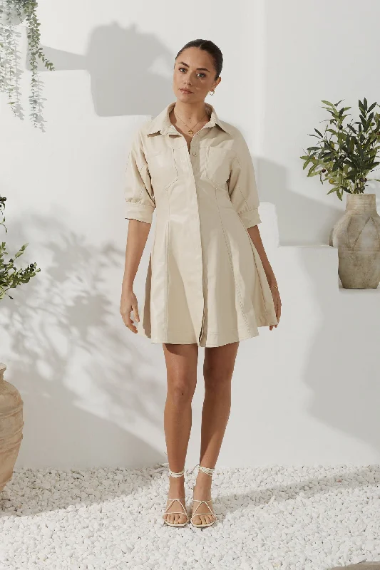 Aida Beige Faux Leather PU Mini Dress Chic Bohemian Mini Dress