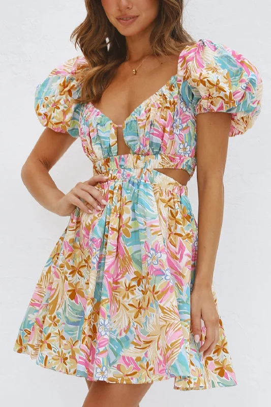 Backless Floral Short Sleeve Mini Dress Trendy Tulle Mini Dress