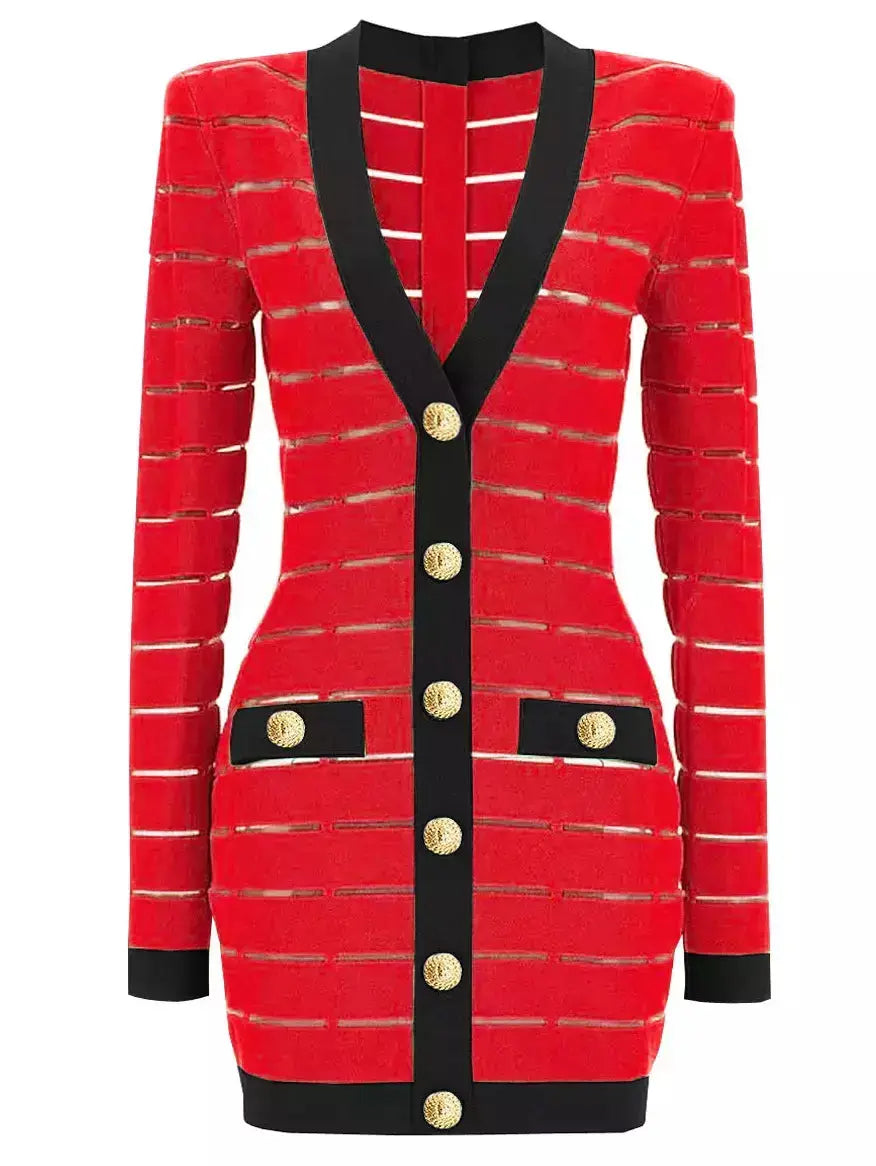 Bicolor Low-Cut Stretch Knit Buttoned Mini Dress Elegant Velvet Mini Dress