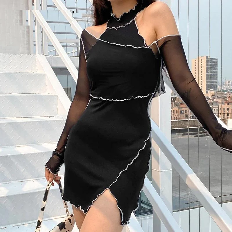 Black Frill Mini Dress Comfortable Wrap Mini Dress