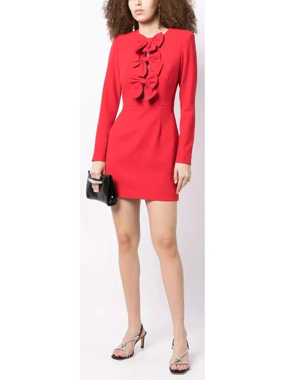 Bow-Embellished Scarlet Red Mini Dress Comfortable Ruffle Mini Dress
