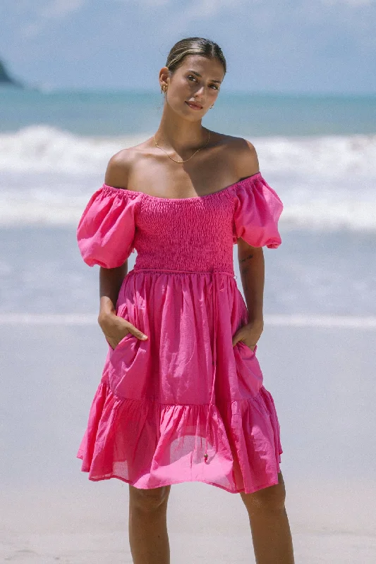 Brielle Hot Pink Puff Sleeve Mini Dress Elegant Lace-Up Mini Dress