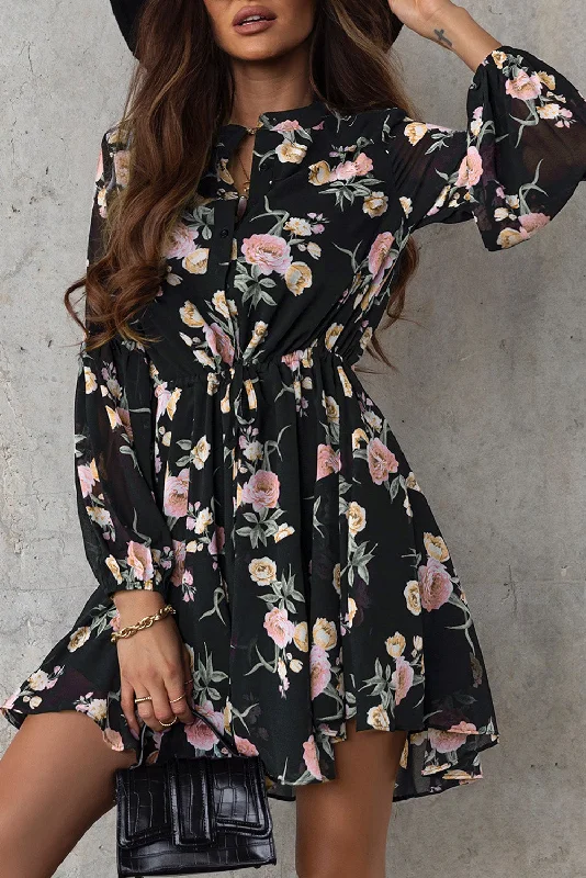 Buttoned Round Neck Mini Dress (S-XL) Stylish Ruffle Mini Dress