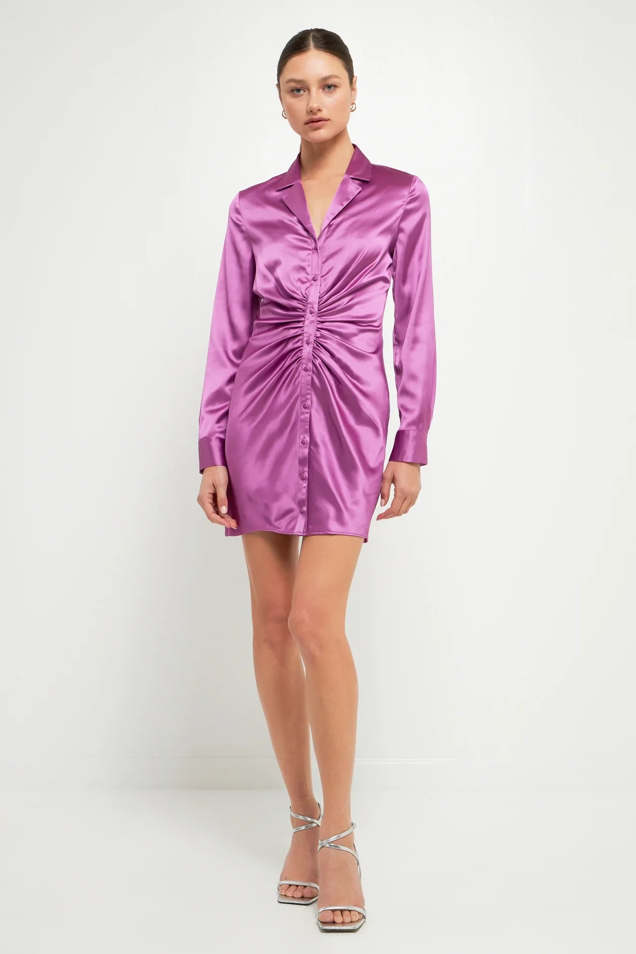 Endless Rose - Satin Ruched Long-Sleeve Mini Dress Trendy Floral Mini Dress