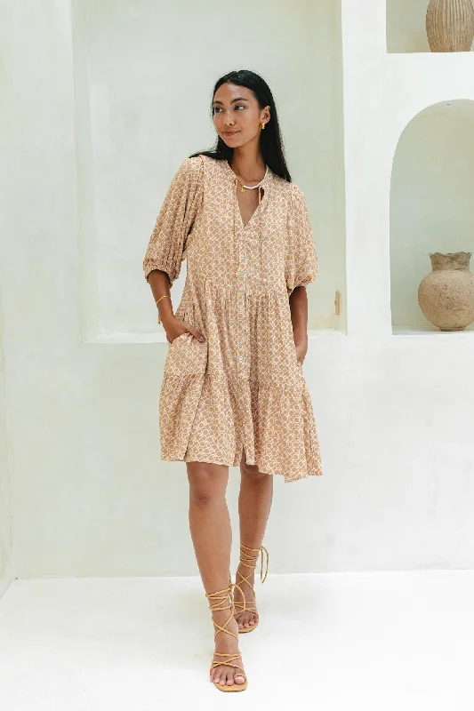 Cyra Beige Geo Button Down Mini Dress Fashionable Pleated Mini Dress