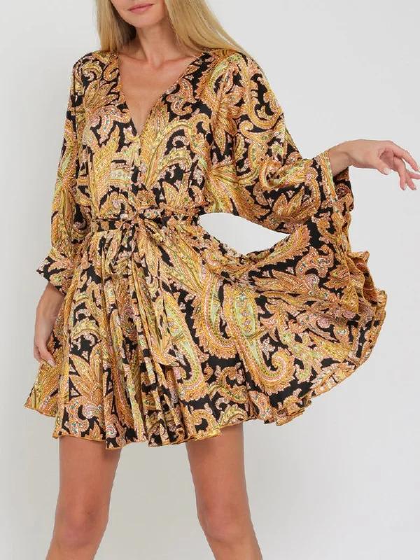 Dolman Belted Mini Dress - Black/Gold Cozy Knit Mini Dress