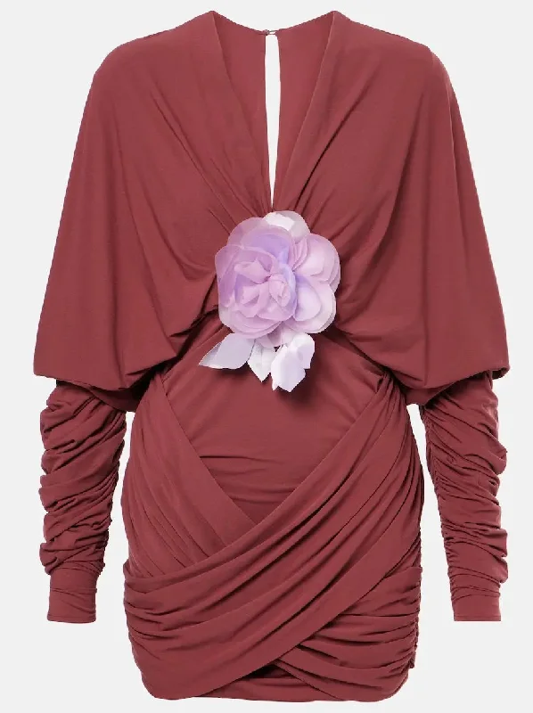 Draped V-Neck Mini Dress with Floral-Applique Elegant Floral-Print Mini Dress