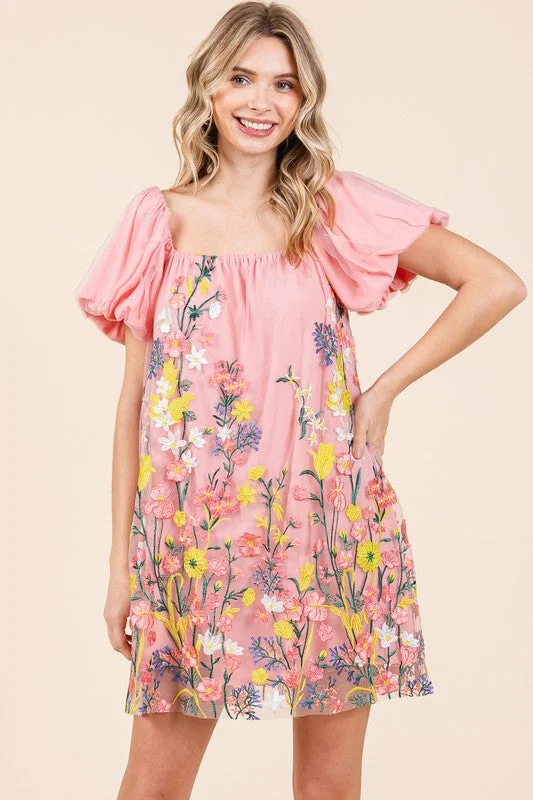 Floral Embroidered Mesh Mini Dress Elegant Vintage Mini Dress