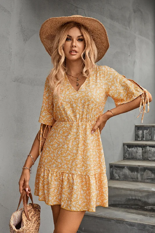 Floral V-Neck Half Sleeve Mini Dress Stylish Summer Mini Dress