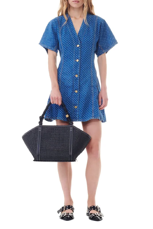Blue Polka Dot Denim Mini Dress Cozy Knitted Mini Dress