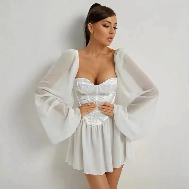 Glossy Puff Sleeve Satin Bustier Party Mini Dress - White Trendy Tulle Mini Dress