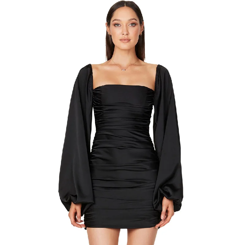Glossy Satin Square Neck Bishop Sleeve Ruched Bodycon Mini Dress - Black Stylish Short Sleeve Mini Dress Glossy Satin Square Neck Bishop Sleeve Ruched Bodycon Mini Dress - Black Stylish Short Sleeve Mini Dress